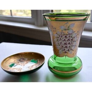 Bohemia glass green vase And Plate decorated enamel and gold